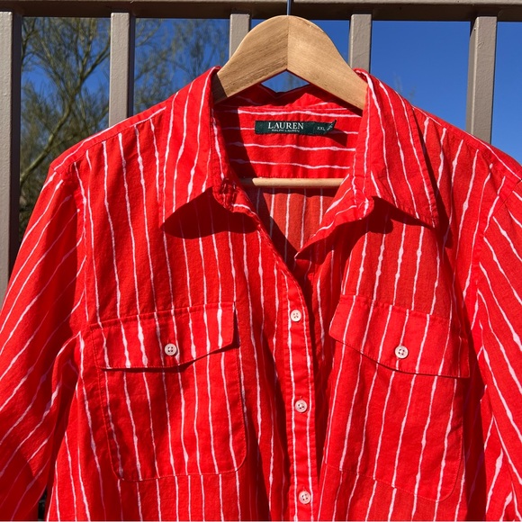 ⬇️LAUREN Ralph Lauren Women’s Long Sleeve Blouse XXL Scarlet Sun & White Stripes - Picture 4 of 13